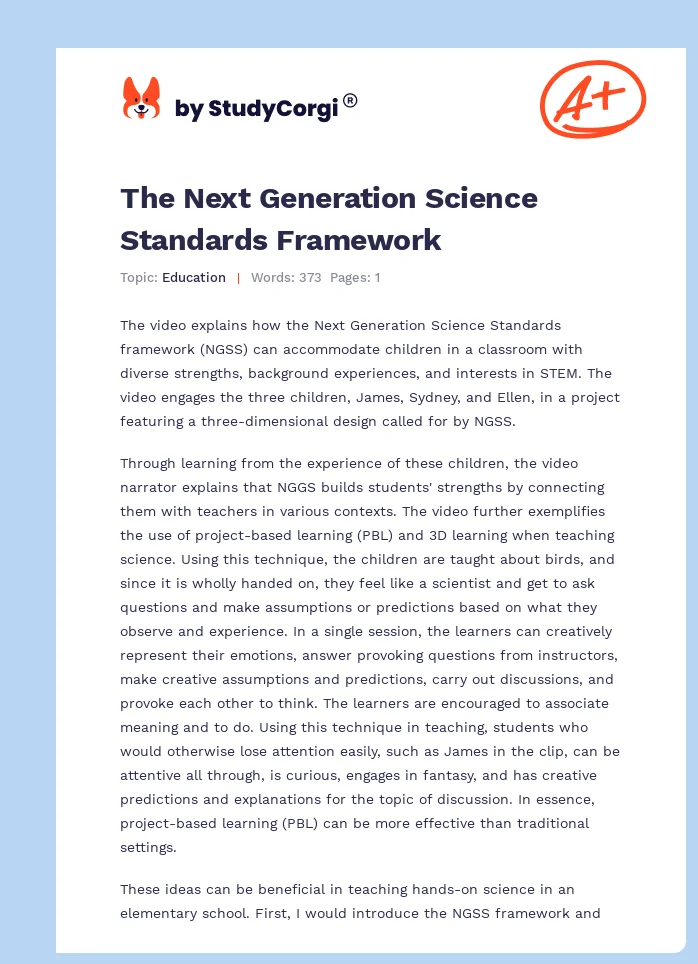 The Next Generation Science Standards Framework. Page 1