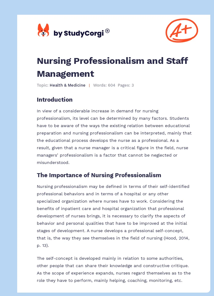 Nursing Professionalism and Staff Management. Page 1