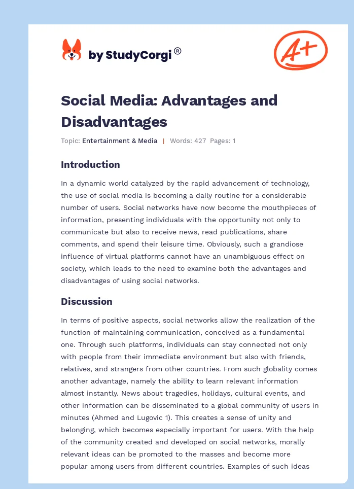 Social Media: Advantages and Disadvantages. Page 1