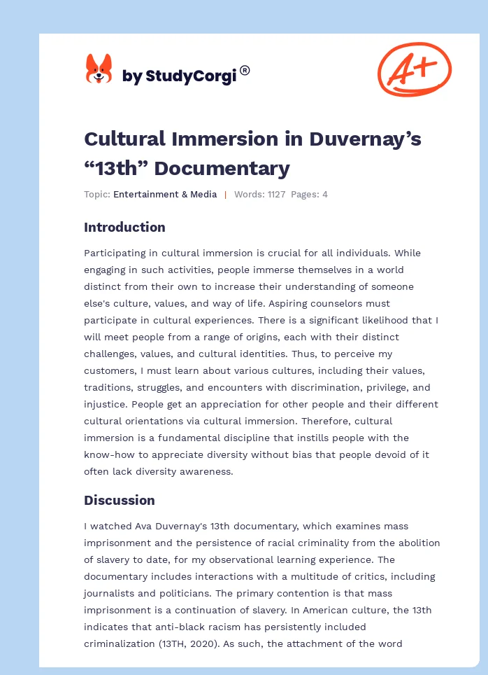 Cultural Immersion in Duvernay’s “13th” Documentary. Page 1