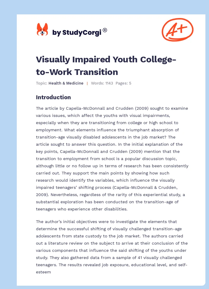 Visually Impaired Youth College-to-Work Transition. Page 1