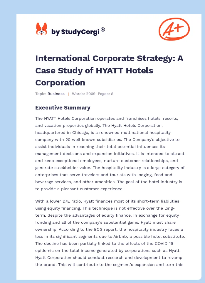 International Corporate Strategy: A Case Study of HYATT Hotels Corporation. Page 1