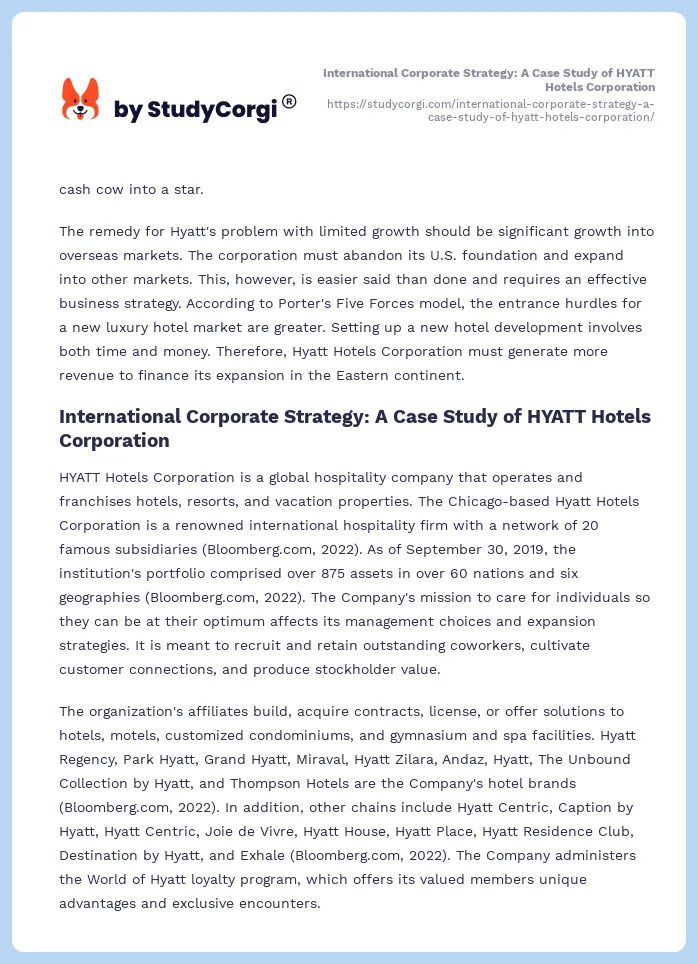 International Corporate Strategy: A Case Study of HYATT Hotels Corporation. Page 2