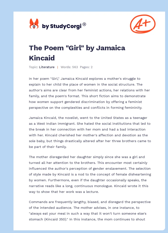 The Poem "Girl" by Jamaica Kincaid. Page 1
