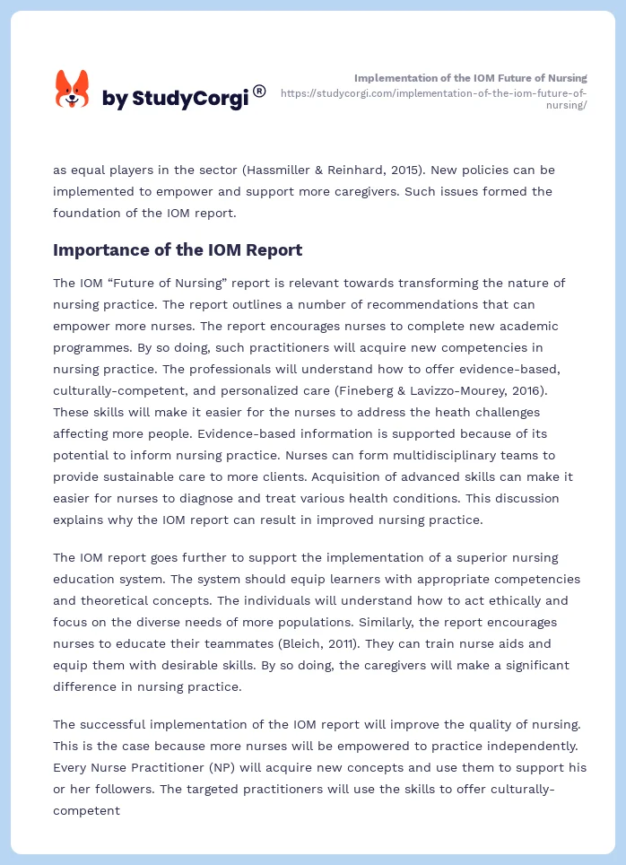 Implementation of the IOM Future of Nursing. Page 2