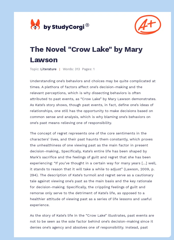 The Novel "Crow Lake" by Mary Lawson. Page 1