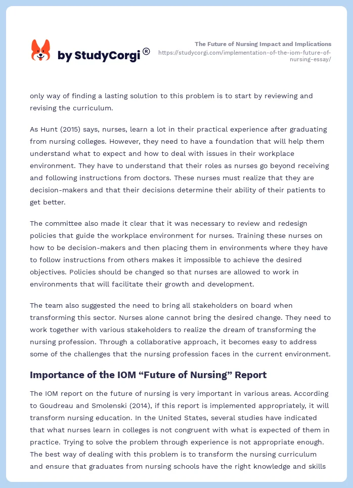 The Future of Nursing Impact and Implications. Page 2