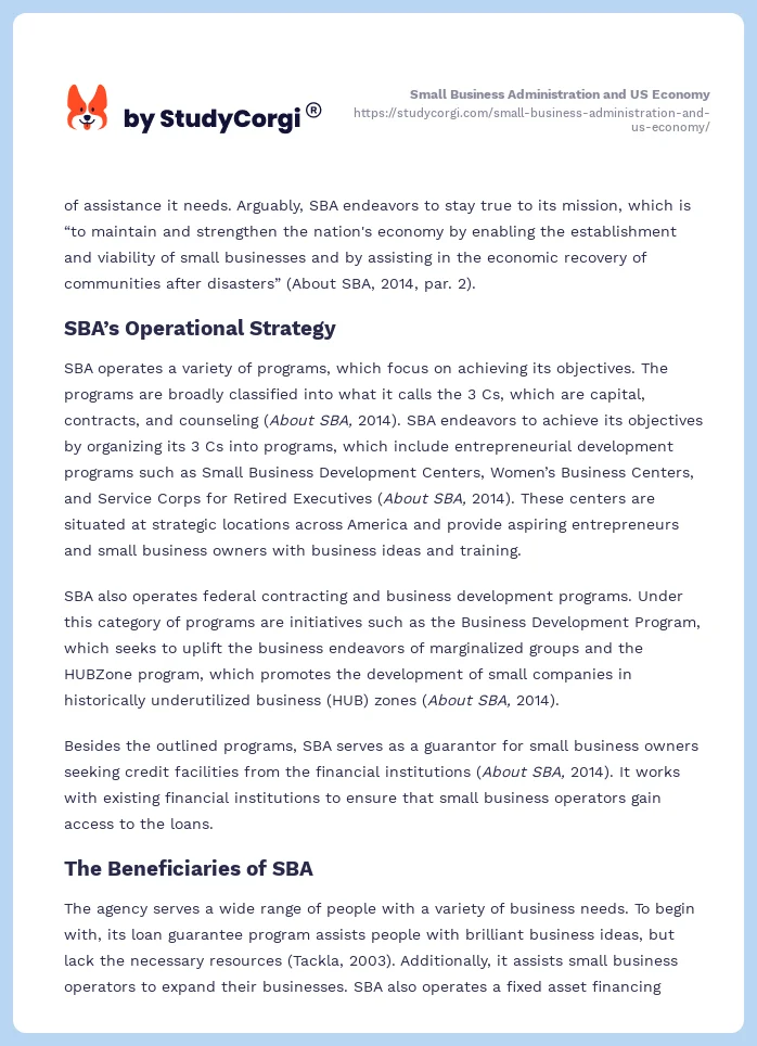 Small Business Administration and US Economy. Page 2