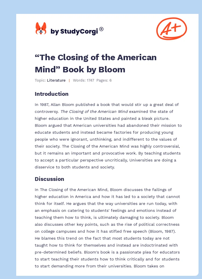 “The Closing of the American Mind” Book by Bloom. Page 1