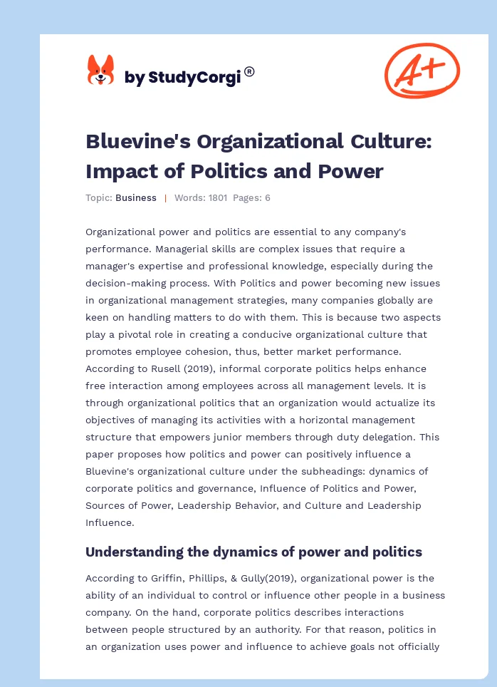 Bluevine's Organizational Culture: Impact of Politics and Power. Page 1