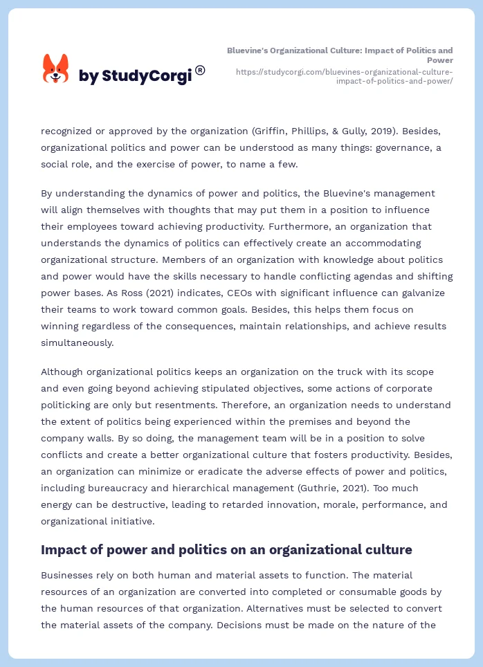 Bluevine's Organizational Culture: Impact of Politics and Power. Page 2