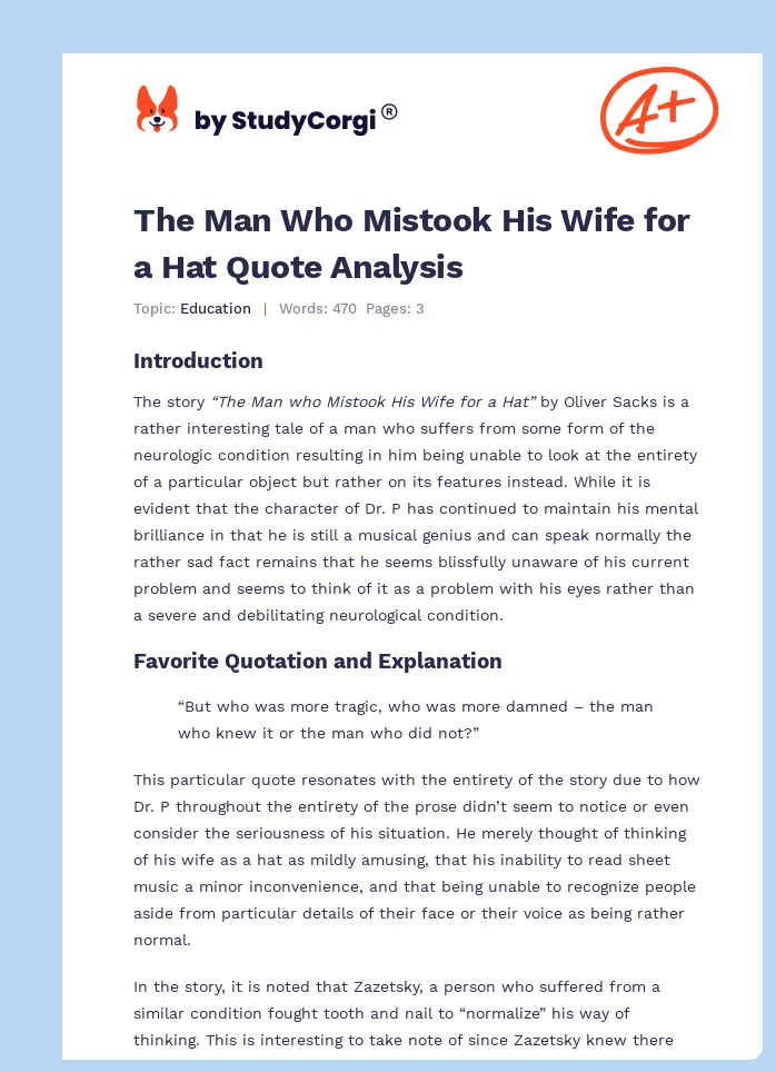 The Man Who Mistook His Wife for a Hat Quote Analysis. Page 1