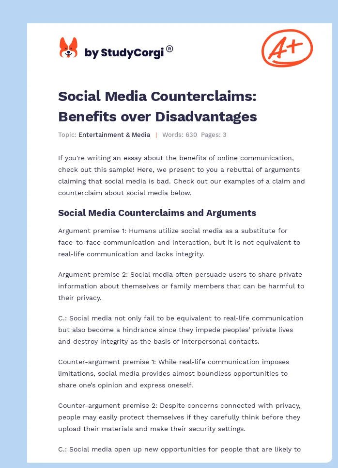 Social Media Counterclaims: Benefits over Disadvantages. Page 1