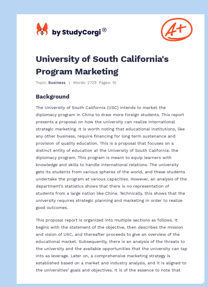 University of South California's Program Marketing. Page 1
