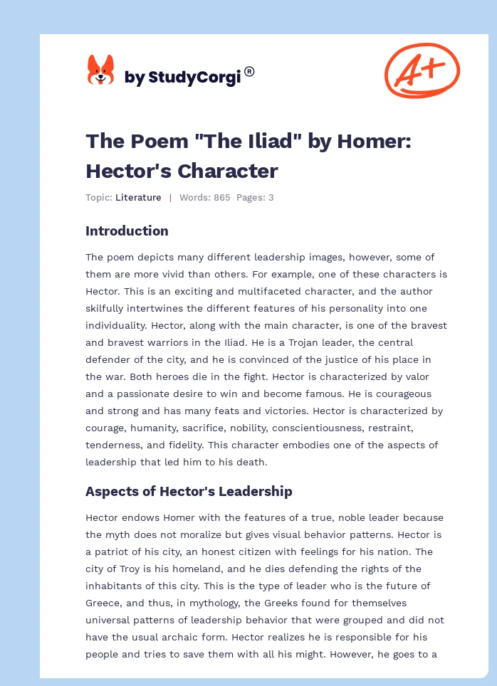 The Poem "The Iliad" by Homer: Hector's Character. Page 1