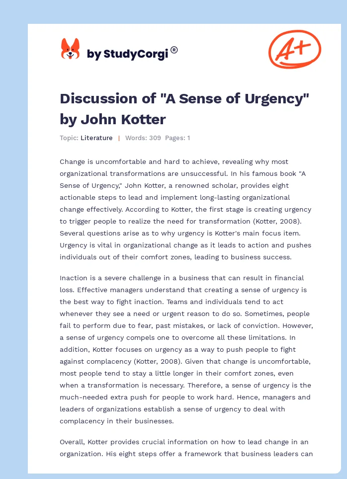 Discussion of "A Sense of Urgency" by John Kotter. Page 1