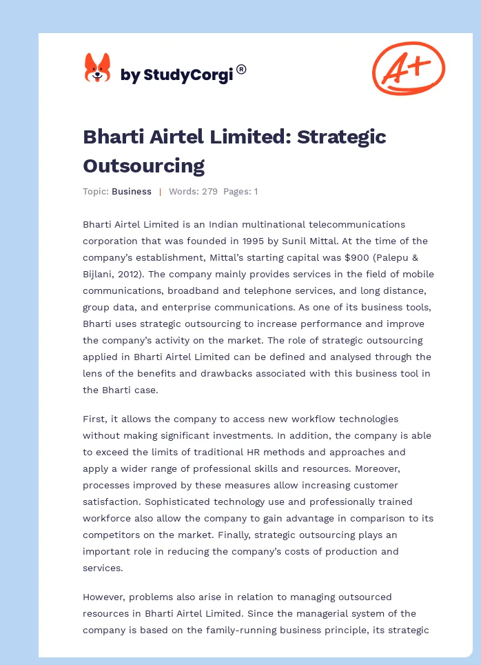 Bharti Airtel Limited: Strategic Outsourcing. Page 1
