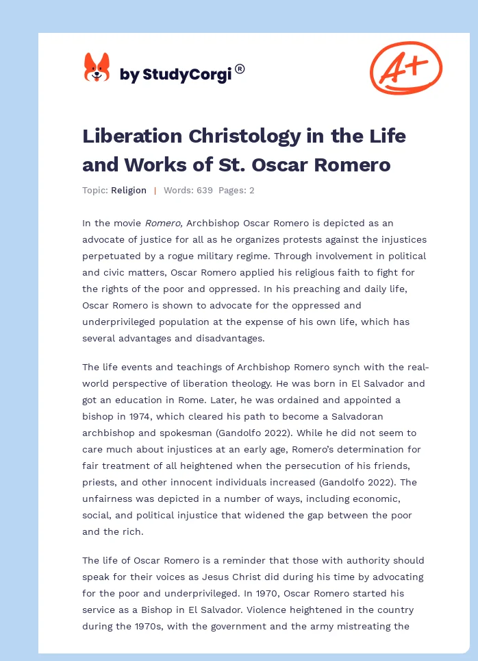 Liberation Christology in the Life and Works of St. Oscar Romero. Page 1