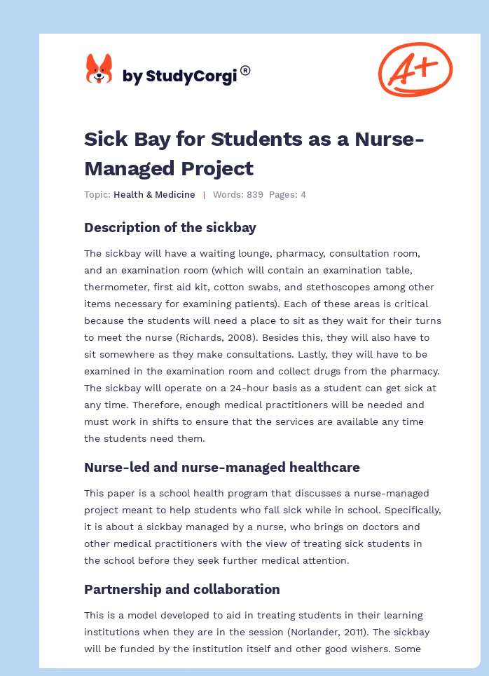 Sick Bay for Students as a Nurse-Managed Project. Page 1