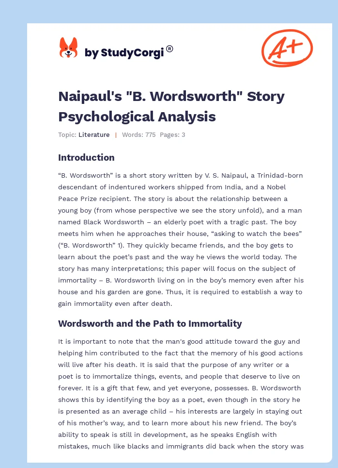 Naipaul's "B. Wordsworth" Story Psychological Analysis. Page 1
