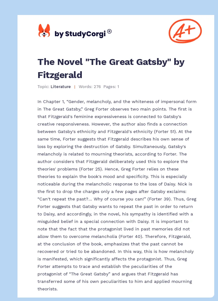 The Novel "The Great Gatsby" by Fitzgerald. Page 1