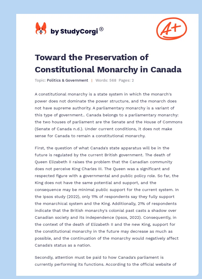 Toward the Preservation of Constitutional Monarchy in Canada. Page 1