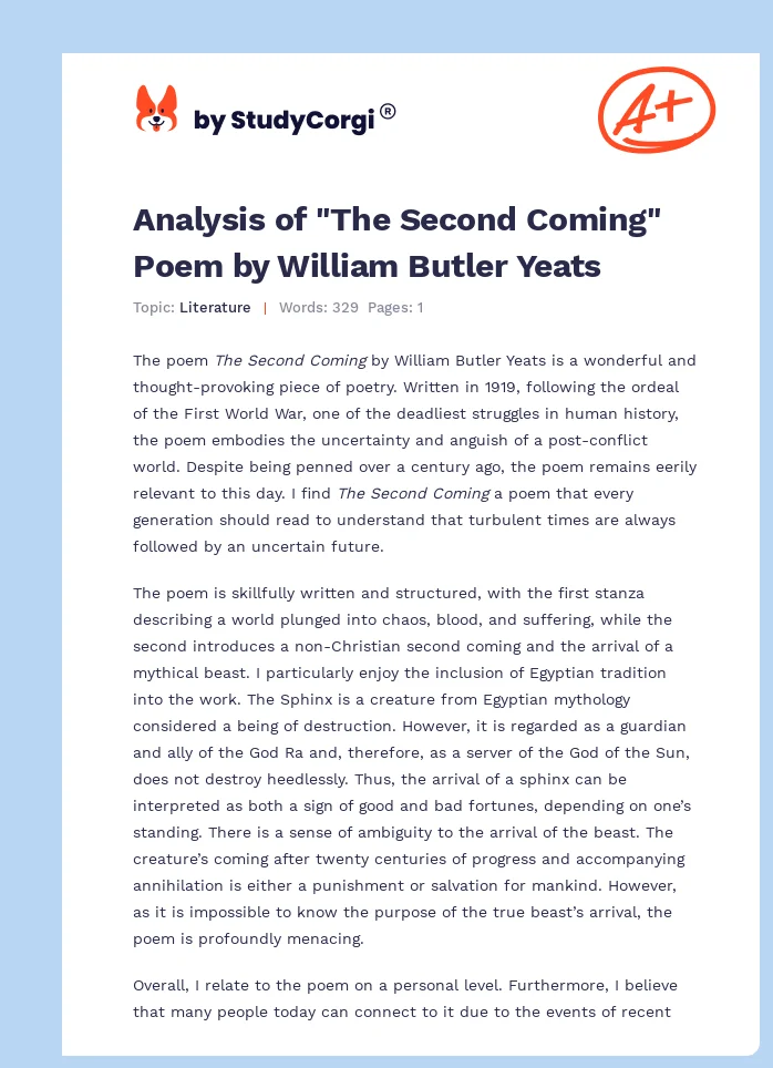Analysis of "The Second Coming" Poem by William Butler Yeats. Page 1