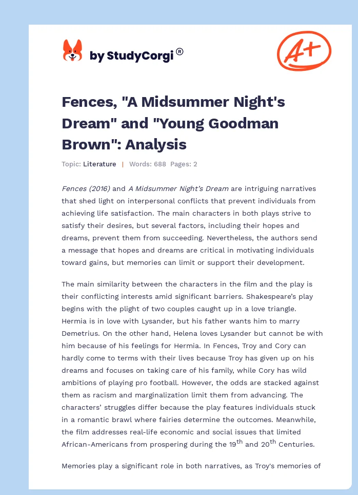 Fences, "A Midsummer Night's Dream" and "Young Goodman Brown": Analysis. Page 1