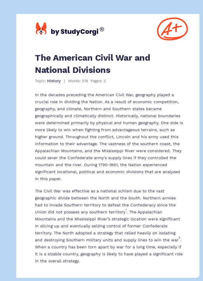 The American Civil War and National Divisions. Page 1