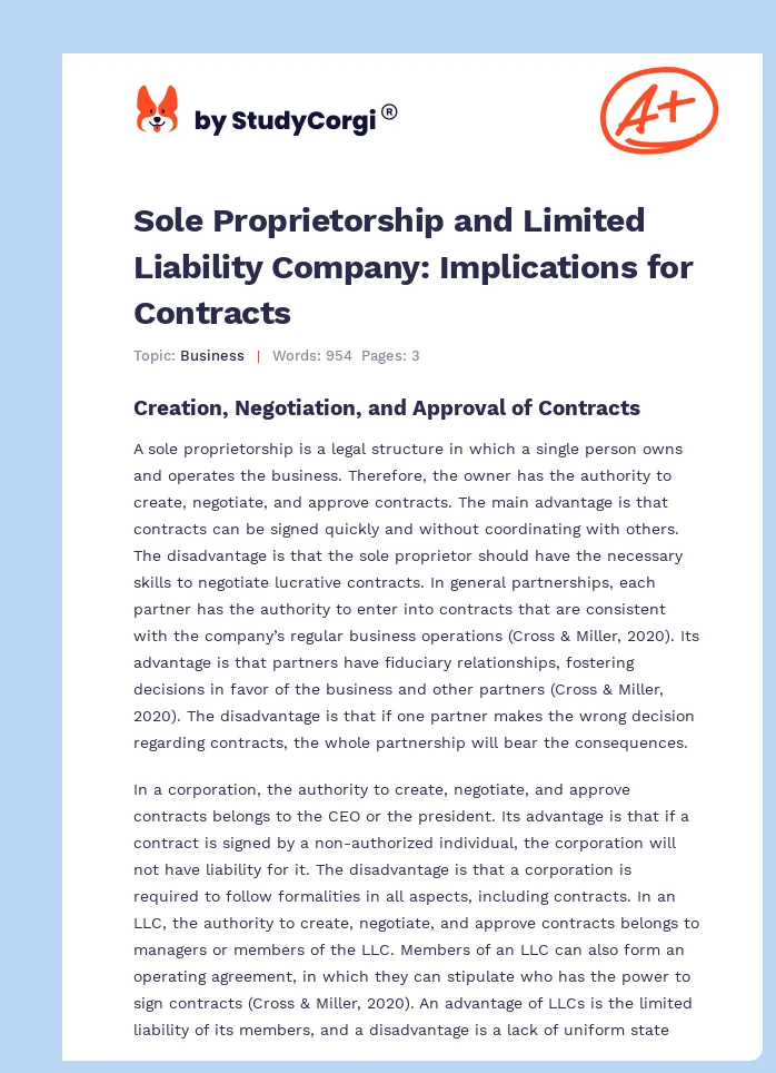 Sole Proprietorship and Limited Liability Company: Implications for Contracts. Page 1