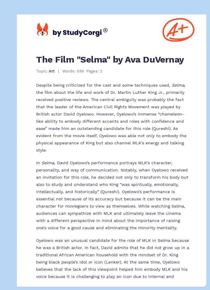 The Film "Selma" by Ava DuVernay. Page 1