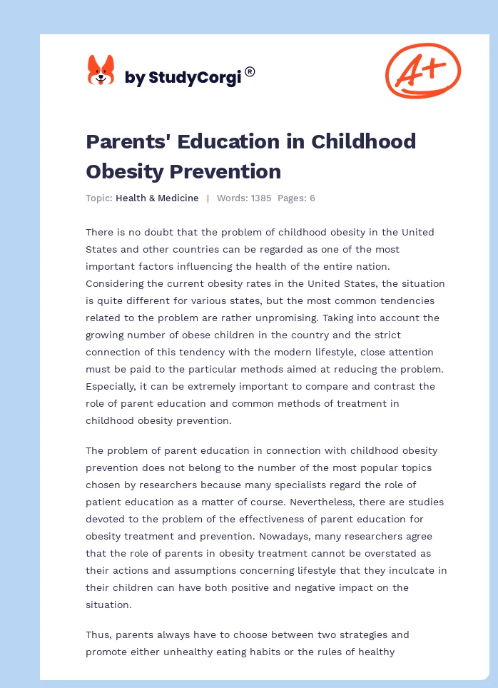 Parents' Education in Childhood Obesity Prevention. Page 1