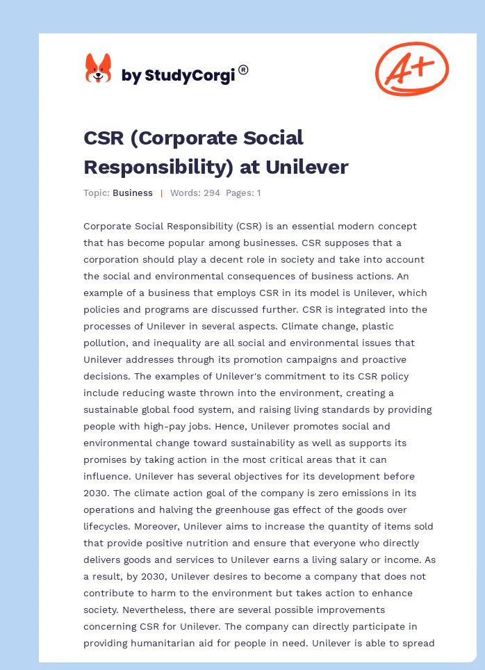 CSR (Corporate Social Responsibility) at Unilever. Page 1