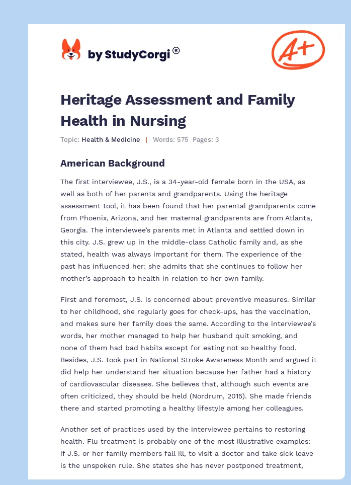 Heritage Assessment and Family Health in Nursing. Page 1
