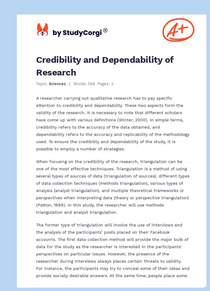 Credibility and Dependability of Research. Page 1
