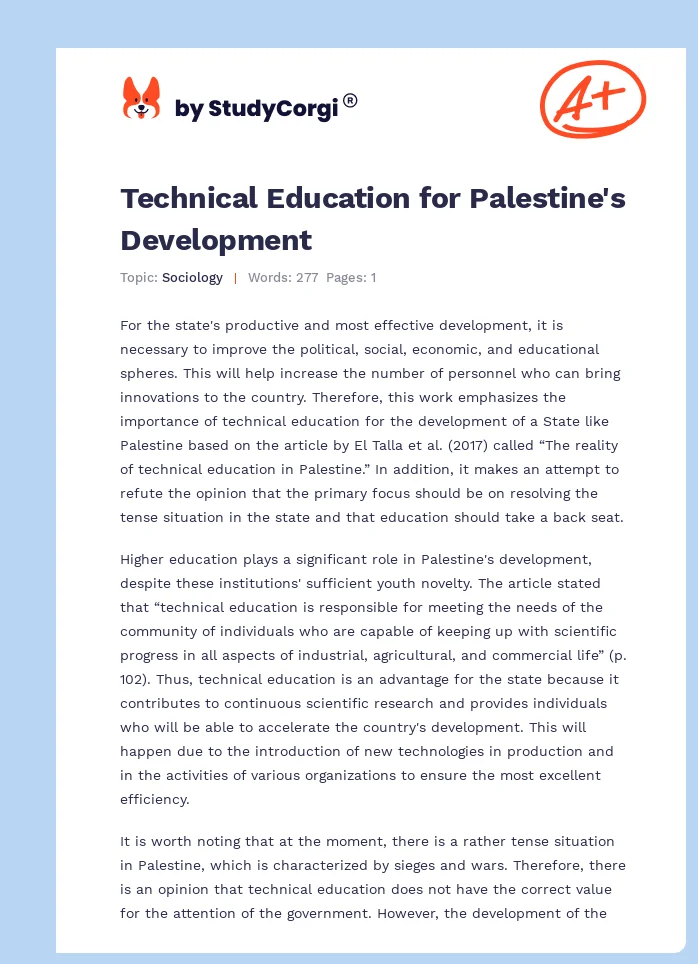 Technical Education for Palestine's Development. Page 1