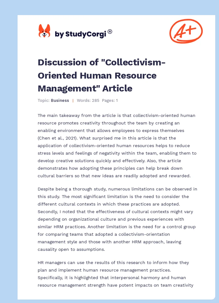 Discussion of "Collectivism-Oriented Human Resource Management" Article. Page 1
