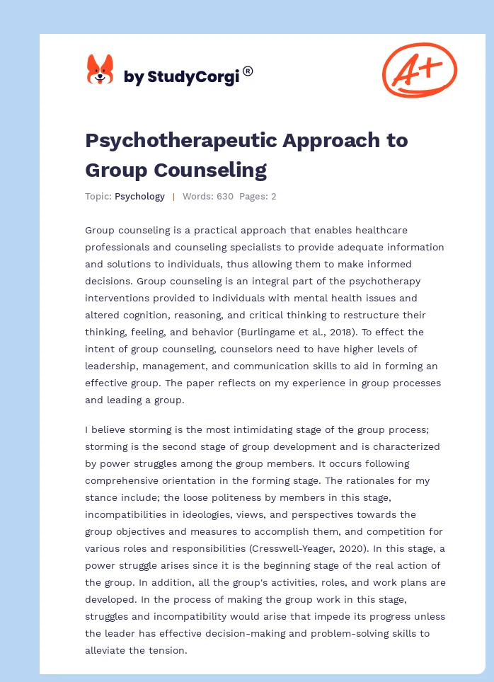 Psychotherapeutic Approach to Group Counseling. Page 1