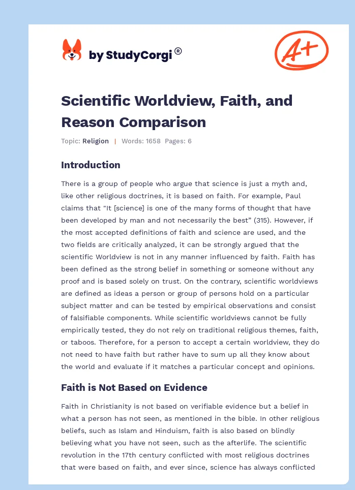 Scientific Worldview, Faith, and Reason Comparison. Page 1