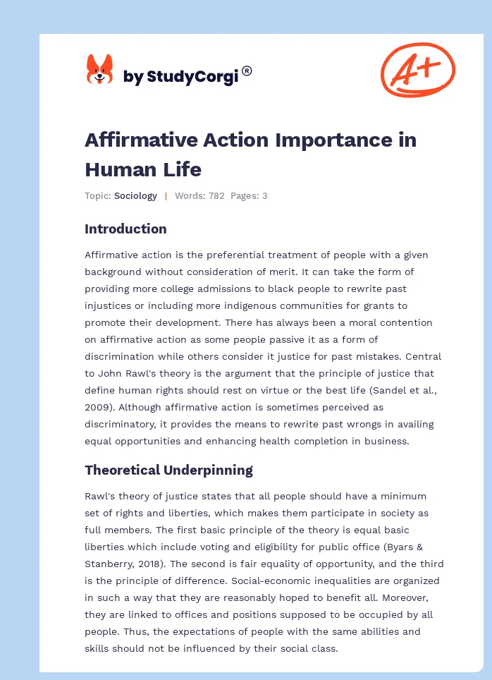 Affirmative Action Importance in Human Life. Page 1