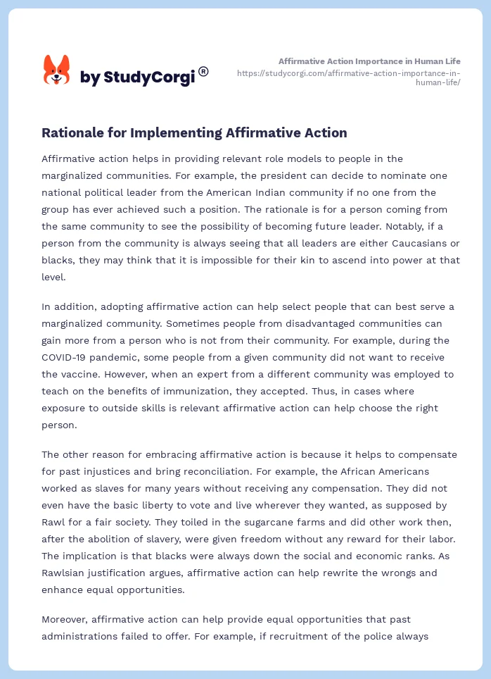 Affirmative Action Importance in Human Life. Page 2