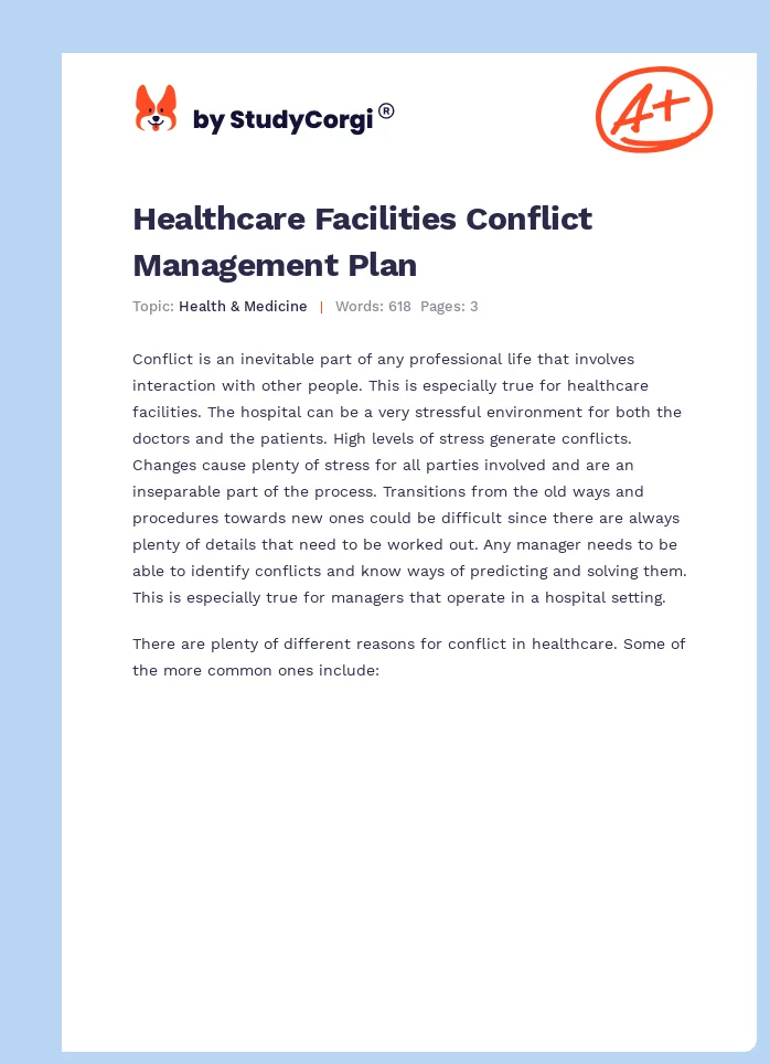Healthcare Facilities Conflict Management Plan. Page 1