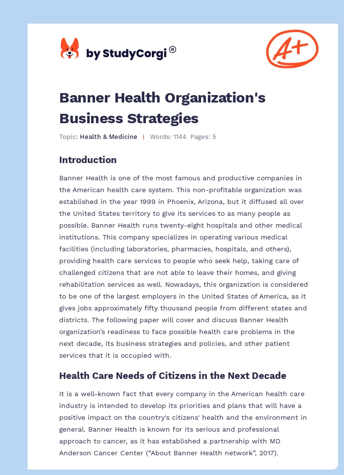 Banner Health Organization's Business Strategies. Page 1