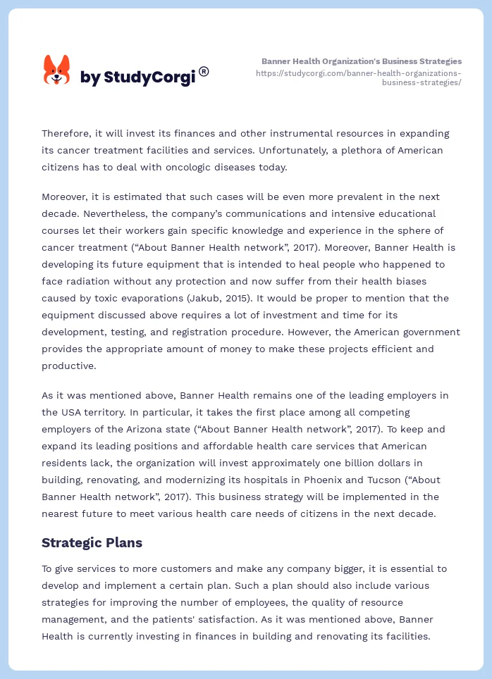 Banner Health Organization's Business Strategies. Page 2