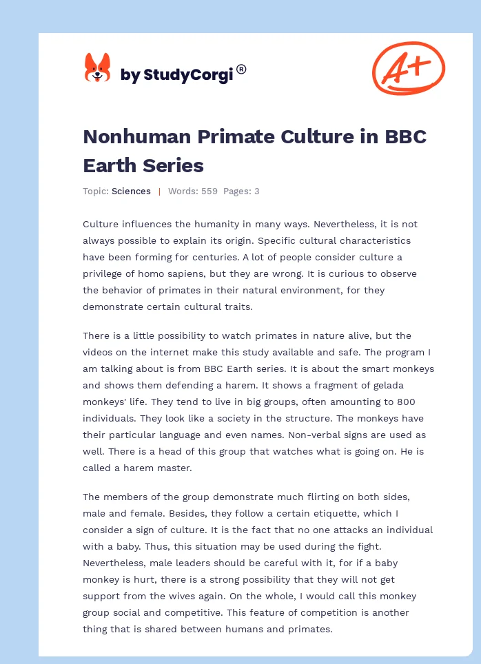 Nonhuman Primate Culture in BBC Earth Series. Page 1
