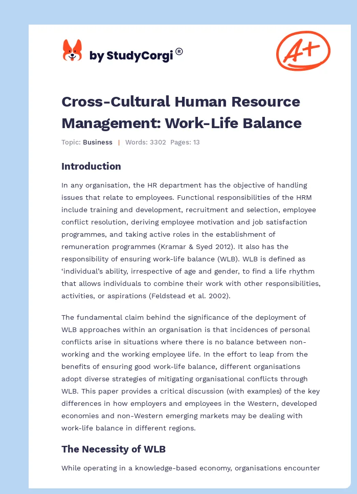 Cross-Cultural Human Resource Management: Work-Life Balance. Page 1