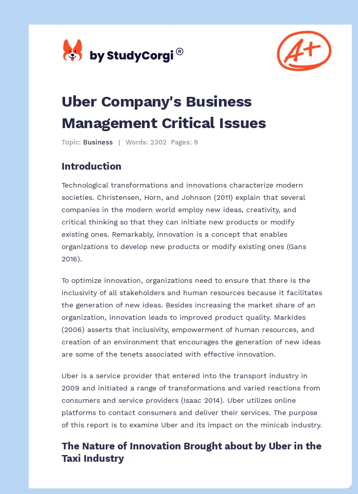 Uber Company's Business Management Critical Issues. Page 1