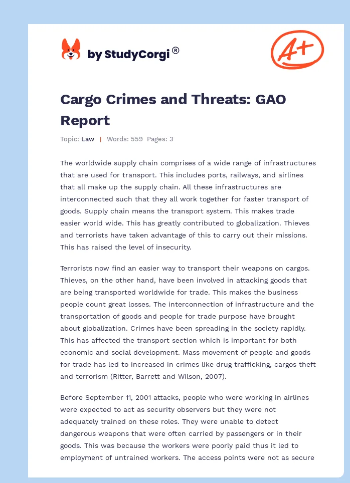 Cargo Crimes and Threats: GAO Report. Page 1
