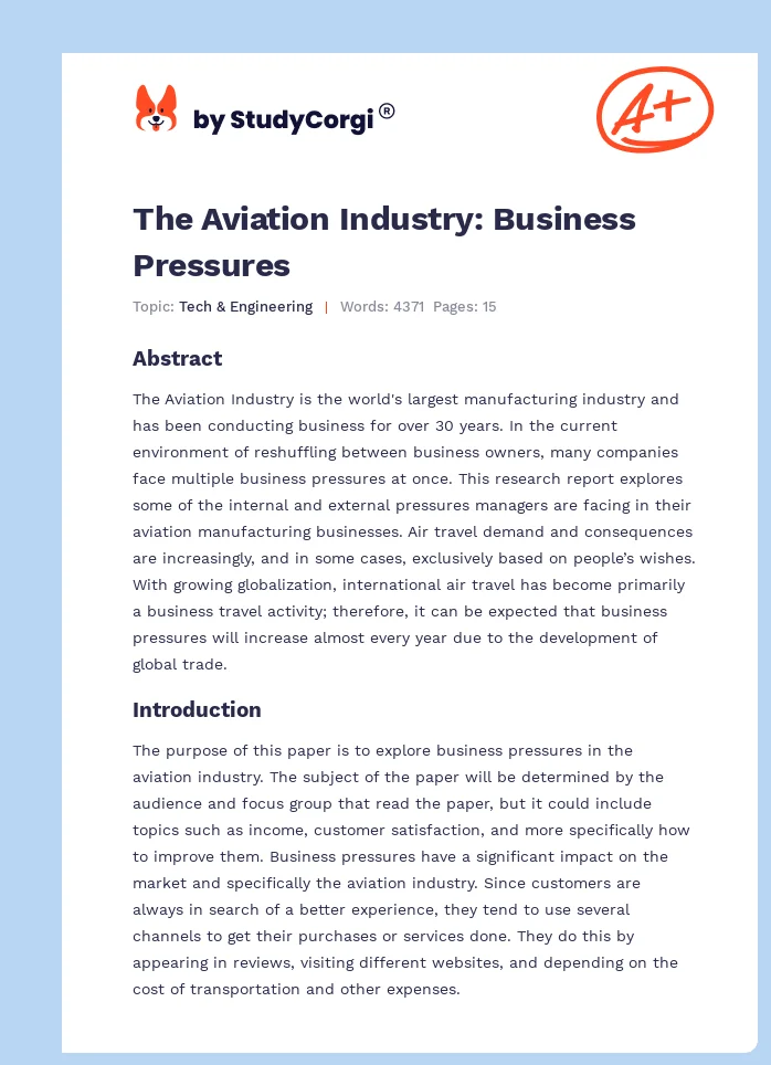 The Aviation Industry: Business Pressures. Page 1