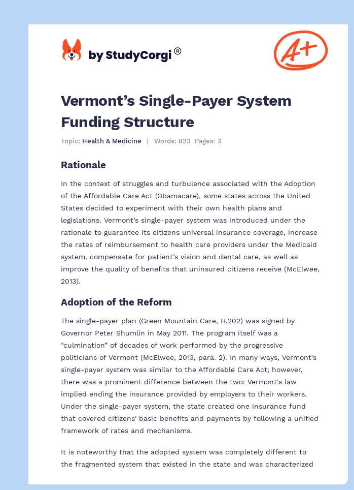 Vermont’s Single-Payer System Funding Structure. Page 1